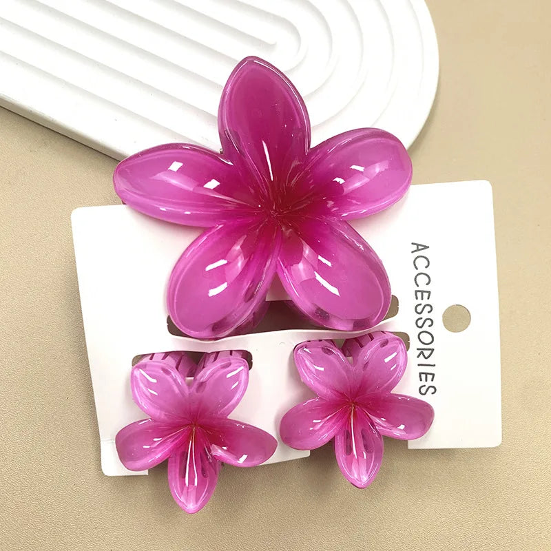 3Pcs Sweet Colorful Plumeria Flower Shark Clip Hair Claw Bohemian Ponytail Clip Plastic Hairpin Barrette Summer Hair Accessories