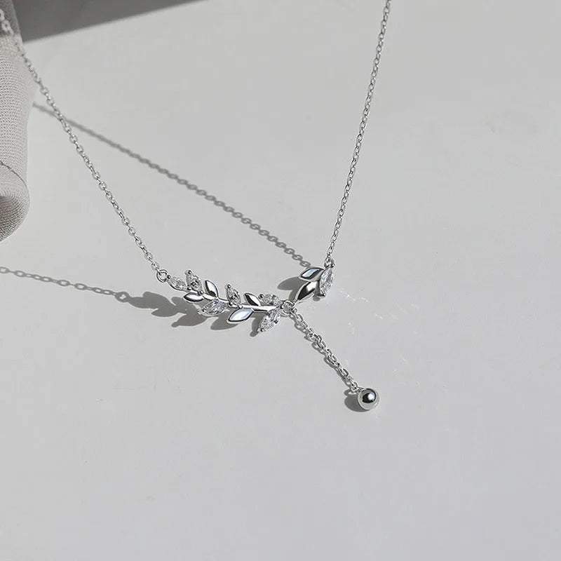 925 Sterling Silver Tree Branch Necklace Simple Charm Zirconia Botanical Pendant Choker Birthday Party Gift Ladies Fine Jewelry