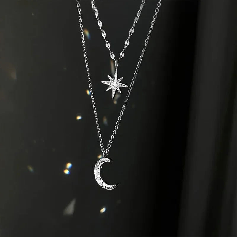 925 Silver Necklace for Women Double Layer Zircon Star Moon Pendant Necklace Delicate Chain Charm Elegant Fashion Jewelry Gifts