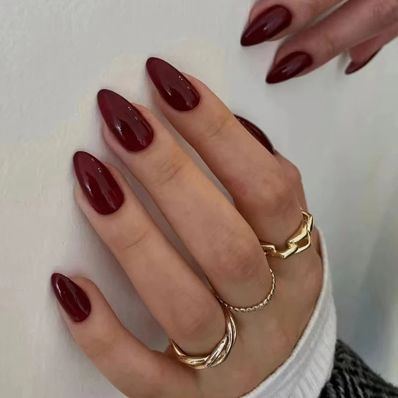 24pcs Burgundy Almond Press on Nail Water Drop Solid Color False Nails Cat Eye Various style Detachable and Wearable Nail Art