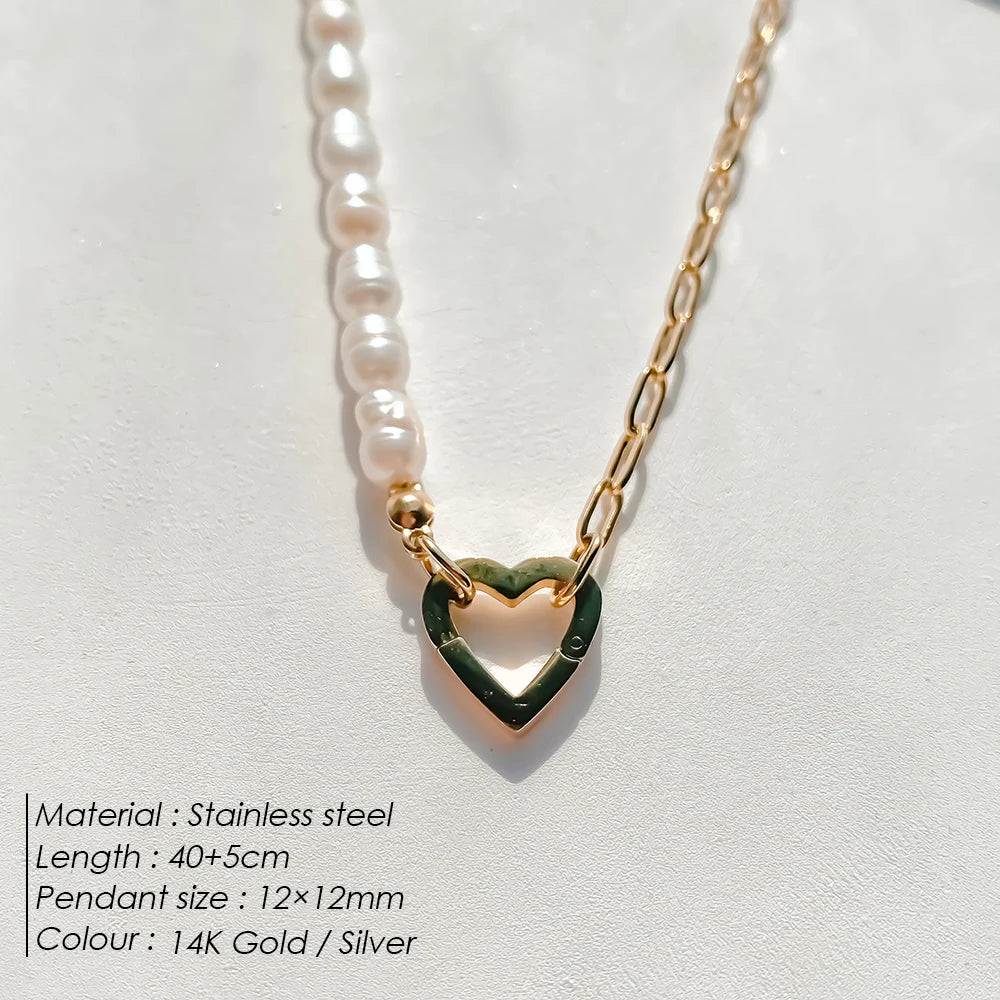 eManco Charm Necklace Heart Lock Link Pearl Chain for Handmade DIY Pendant Accessory Stainless Steel Women's Waterproof Jewelry