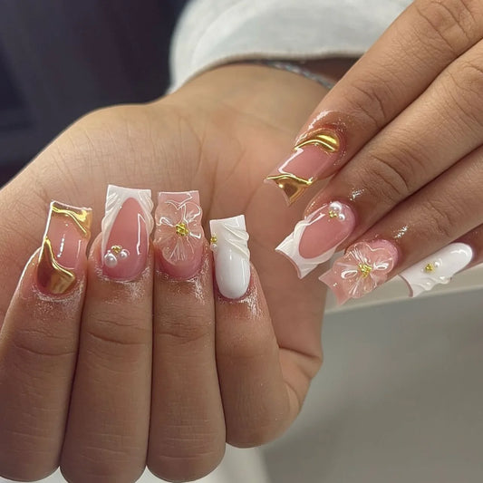 24pcs 3D Flower Press on Nails French Square False Nails Wearable Stick-on Nail Fake Nails Uñas Postizas Накладные Ногти 네일팁