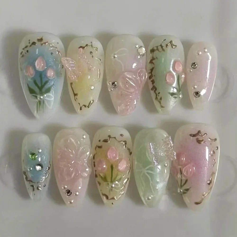 24Pcs Pink Almond False Nails Sweet Summer Fake Nail Cute Flowers Pearl Nails Press Ons Colorful Monet Press on Nails for Girls