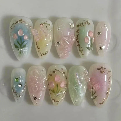 24Pcs Pink Almond False Nails Sweet Summer Fake Nail Cute Flowers Pearl Nails Press Ons Colorful Monet Press on Nails for Girls
