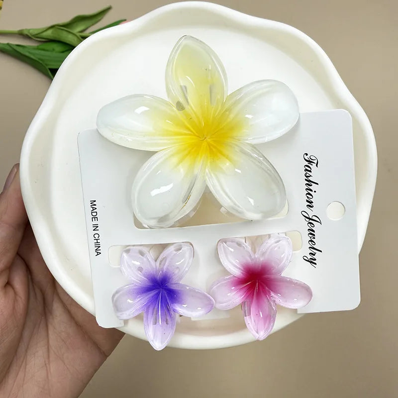 3Pcs Sweet Colorful Plumeria Flower Shark Clip Hair Claw Bohemian Ponytail Clip Plastic Hairpin Barrette Summer Hair Accessories