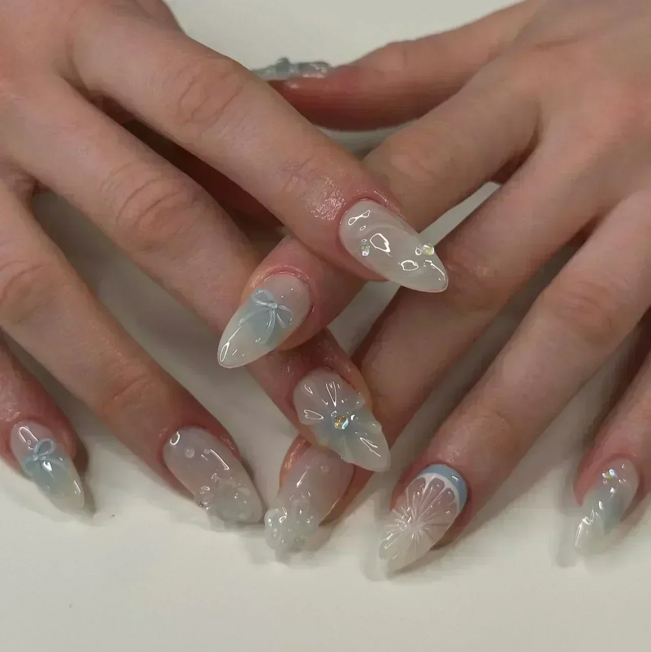 24Pcs Pink Almond False Nails Sweet Summer Fake Nail Cute Flowers Pearl Nails Press Ons Colorful Monet Press on Nails for Girls