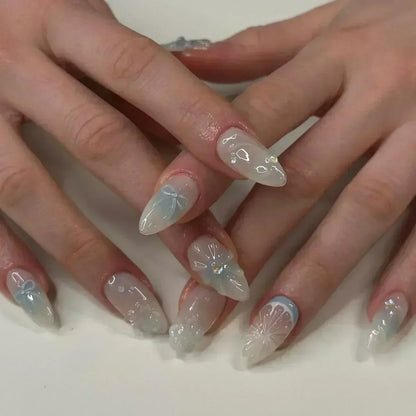 24Pcs Pink Almond False Nails Sweet Summer Fake Nail Cute Flowers Pearl Nails Press Ons Colorful Monet Press on Nails for Girls