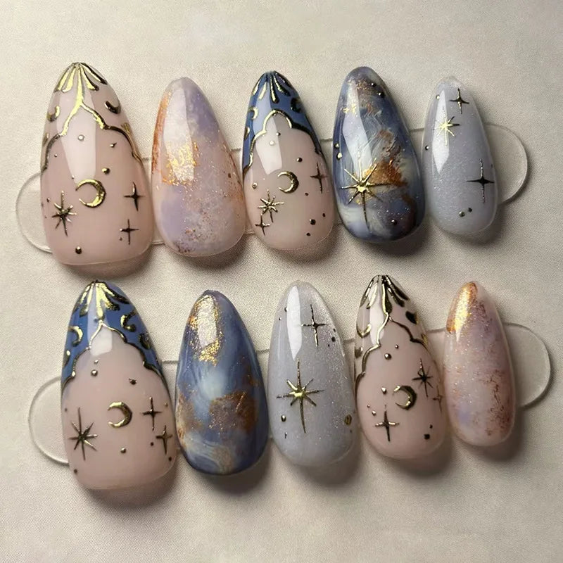 24Pcs Pink Almond False Nails Sweet Summer Fake Nail Cute Flowers Pearl Nails Press Ons Colorful Monet Press on Nails for Girls
