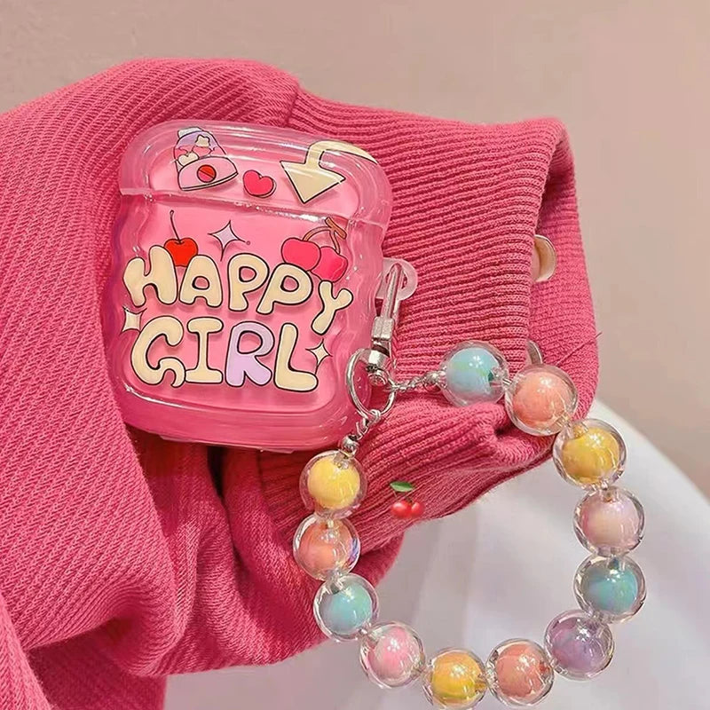 Korean Cute 3D Pink Star Wavy Border Headphones Case For AirPods 1 2 3 With Love Heart Bead Pendant Soft Cover For AirPods Pro 2