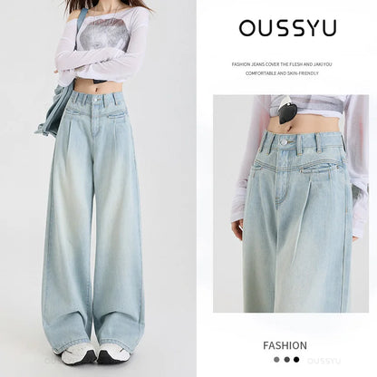 Woman Jeans High Waist Wide Leg Cotton Denim Clothing Design Sense Straight Pant Fashion Comfort White Retro Blue Casual Trouser