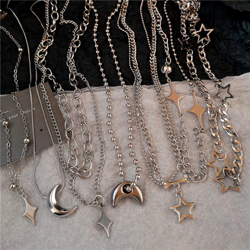 Kpop Y2K Trendy Star Moon Cross Silver Color Choker Chain Necklace Pendant Neck For Women Men Charm Grunge Punk Fashion Jewelry