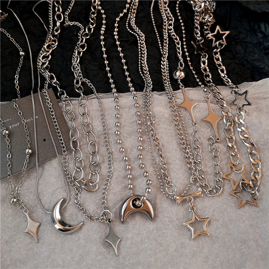 Kpop Y2K Trendy Star Moon Cross Silver Color Choker Chain Necklace Pendant Neck For Women Men Charm Grunge Punk Fashion Jewelry