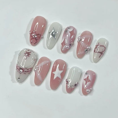 24Pcs Pink Almond False Nails Sweet Summer Fake Nail Cute Flowers Pearl Nails Press Ons Colorful Monet Press on Nails for Girls