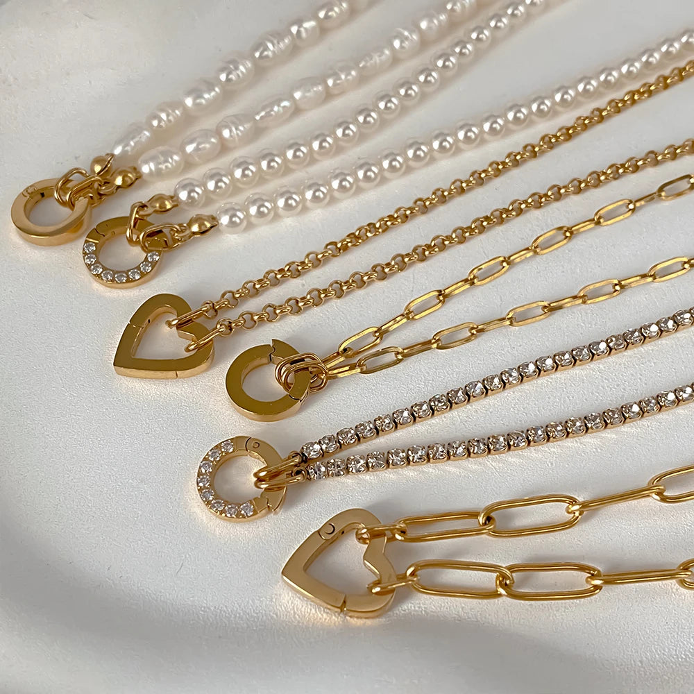 eManco Charm Necklace Heart Lock Link Pearl Chain for Handmade DIY Pendant Accessory Stainless Steel Women's Waterproof Jewelry