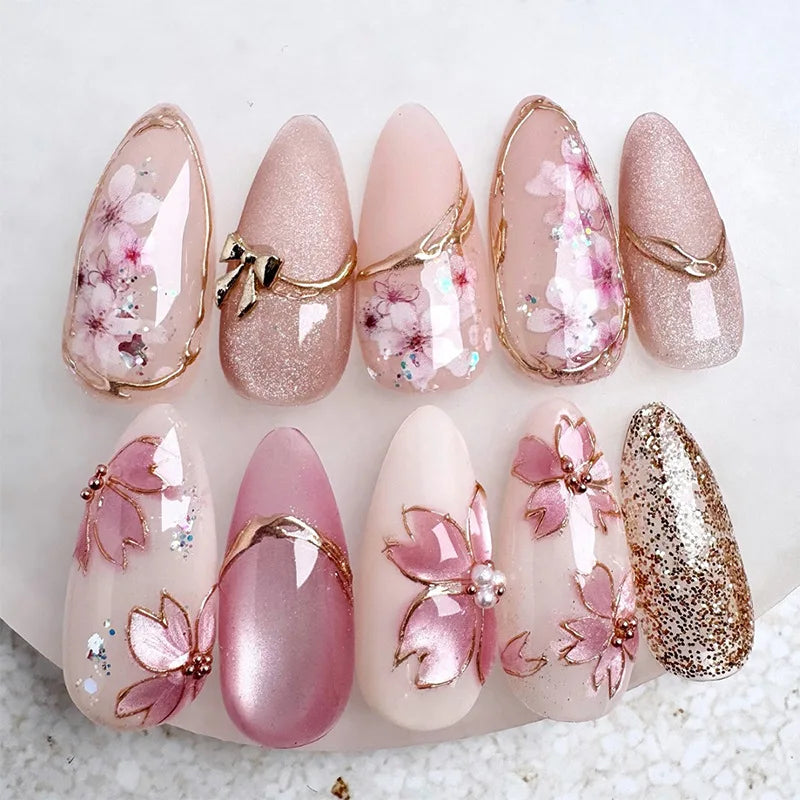 24Pcs Pink Almond False Nails Sweet Summer Fake Nail Cute Flowers Pearl Nails Press Ons Colorful Monet Press on Nails for Girls