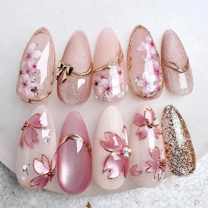 24Pcs Pink Almond False Nails Sweet Summer Fake Nail Cute Flowers Pearl Nails Press Ons Colorful Monet Press on Nails for Girls