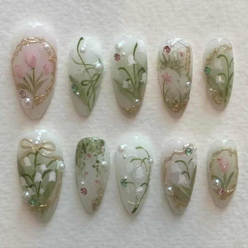 24Pcs Pink Almond False Nails Sweet Summer Fake Nail Cute Flowers Pearl Nails Press Ons Colorful Monet Press on Nails for Girls