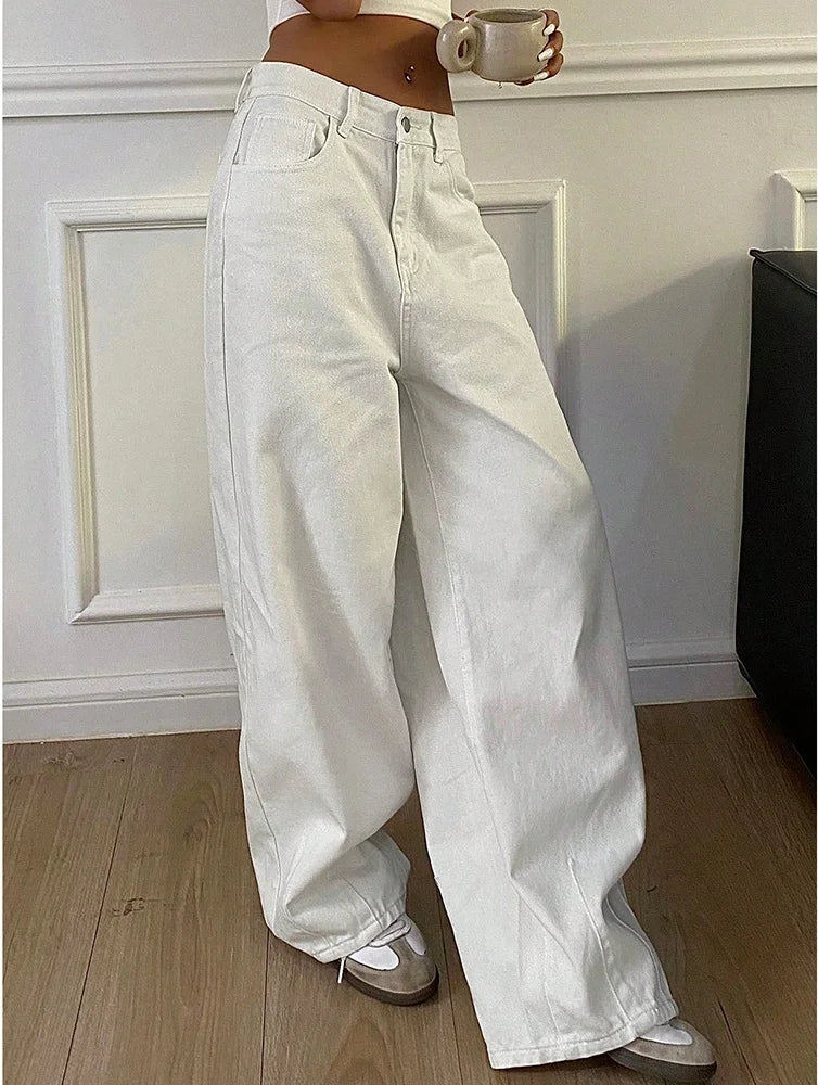 2025 New Loose Jeans Fashion Women High Waist Pocket White Solid Retro Wide Leg Denim Pants Casual Office Lady Commute Trousers