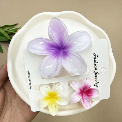 3Pcs Sweet Colorful Plumeria Flower Shark Clip Hair Claw Bohemian Ponytail Clip Plastic Hairpin Barrette Summer Hair Accessories