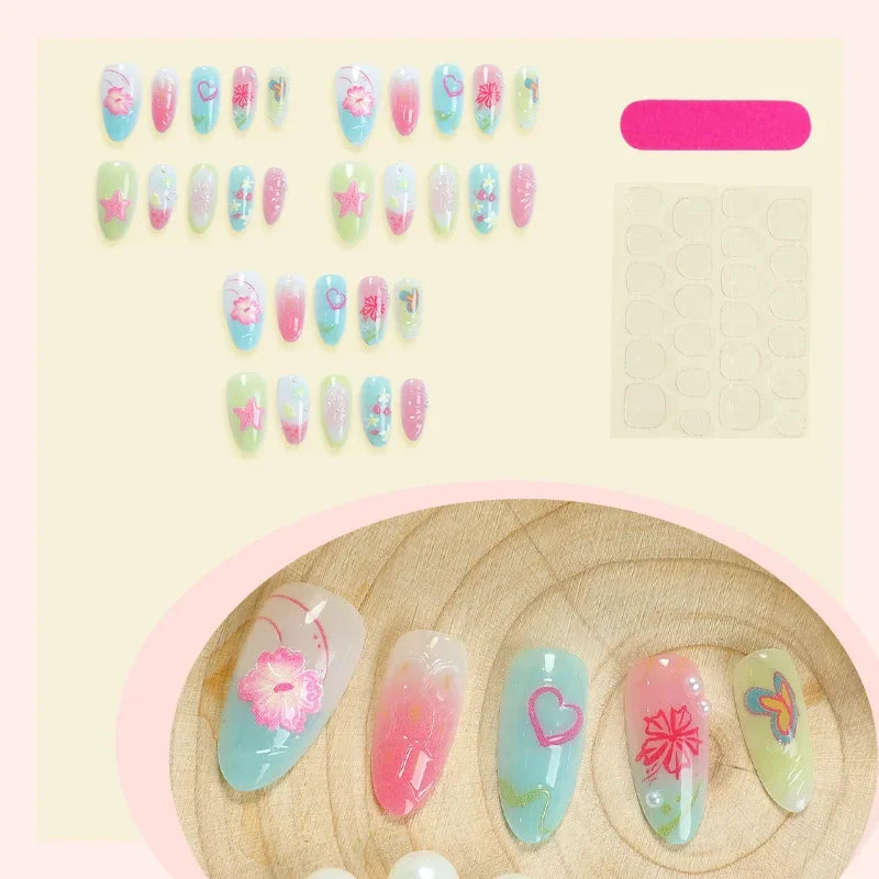 30Pcs Almond False Nails Tips Summer Beach Colorful Nails Sets with Pearl Flower Design Press on Nails Art Wearable Fake Nail