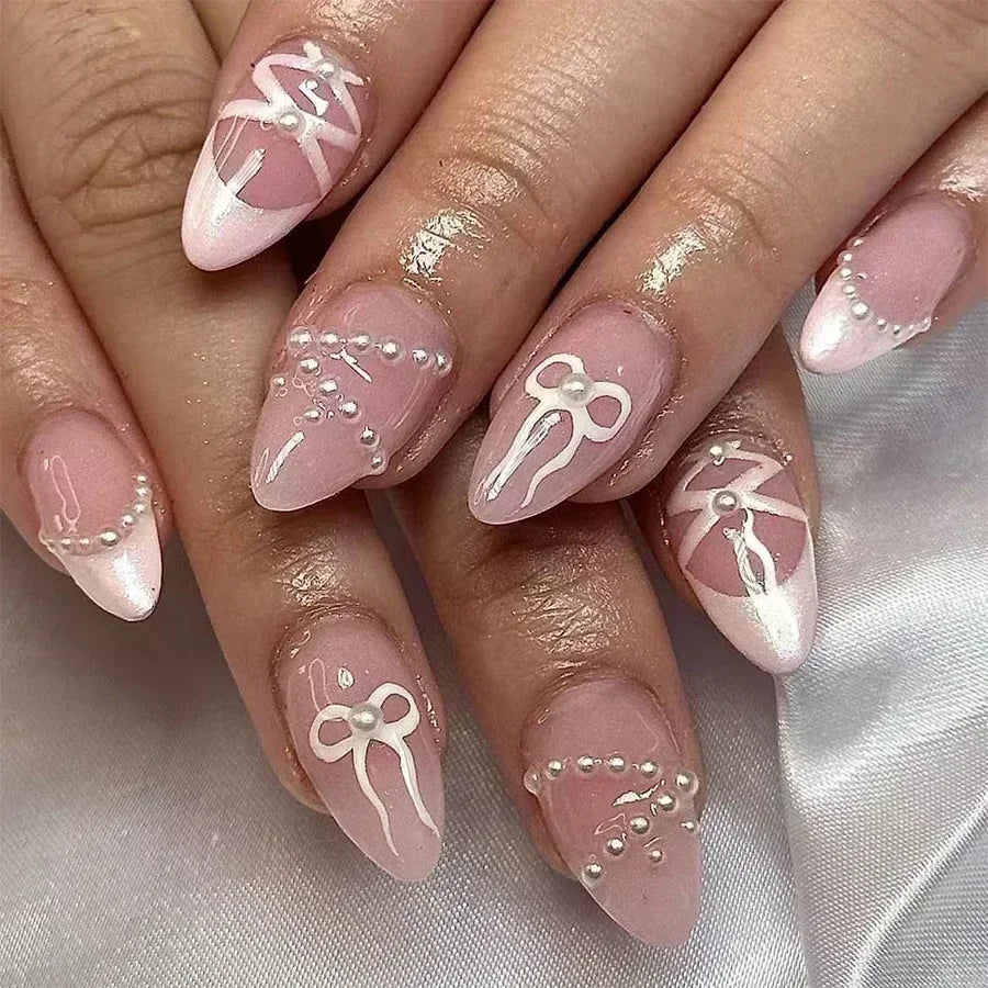 24Pcs Pink Almond False Nails Sweet Summer Fake Nail Cute Flowers Pearl Nails Press Ons Colorful Monet Press on Nails for Girls