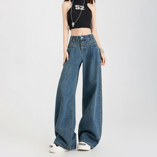 Woman Jeans High Waist Wide Leg Cotton Denim Clothing Design Sense Straight Pant Fashion Comfort White Retro Blue Casual Trouser