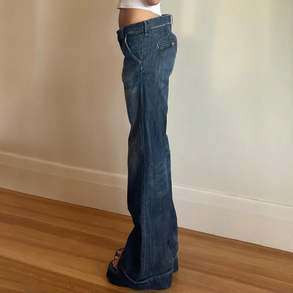 Darlingaga Fashion Washed Buttons Jeans For Women Loose Low Rise Basic Trousers Chic Style Pockets Straight Leg Denim Pants New