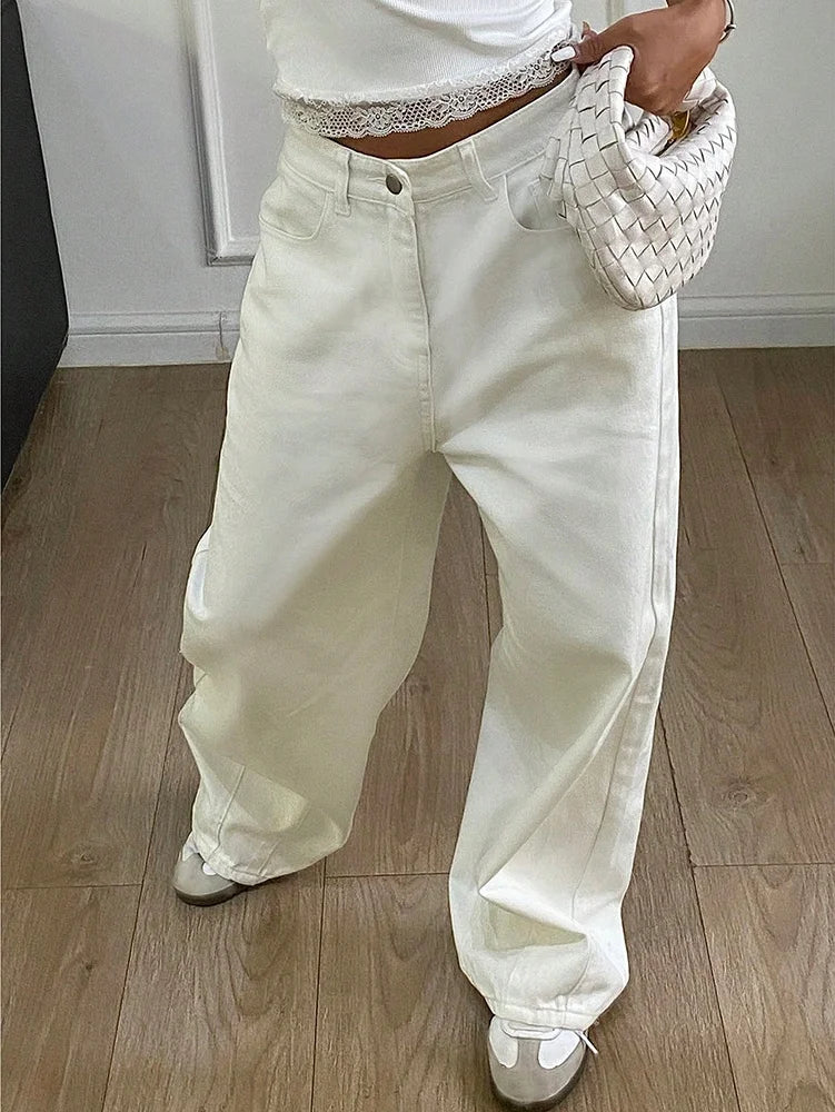 2025 New Loose Jeans Fashion Women High Waist Pocket White Solid Retro Wide Leg Denim Pants Casual Office Lady Commute Trousers