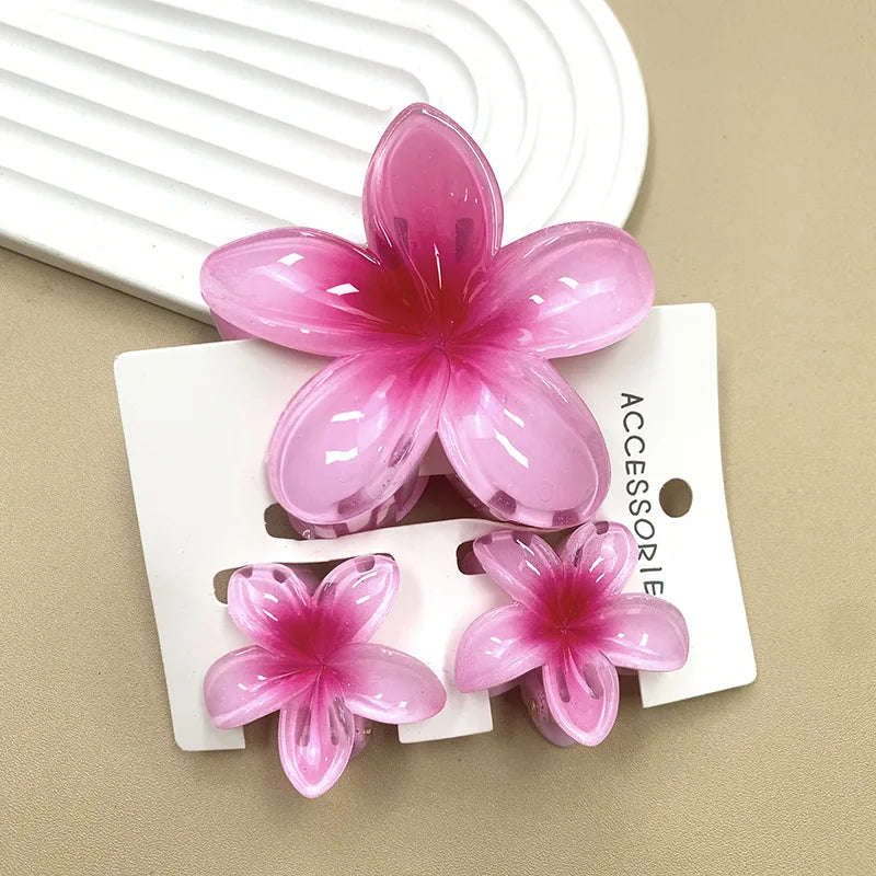 3Pcs Sweet Colorful Plumeria Flower Shark Clip Hair Claw Bohemian Ponytail Clip Plastic Hairpin Barrette Summer Hair Accessories
