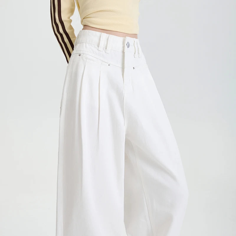 Woman Jeans High Waist Wide Leg Cotton Denim Clothing Design Sense Straight Pant Fashion Comfort White Retro Blue Casual Trouser
