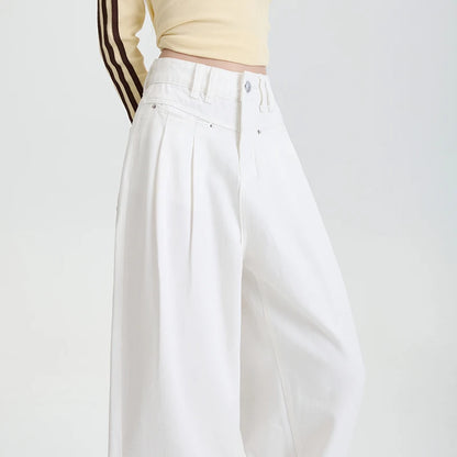 Woman Jeans High Waist Wide Leg Cotton Denim Clothing Design Sense Straight Pant Fashion Comfort White Retro Blue Casual Trouser