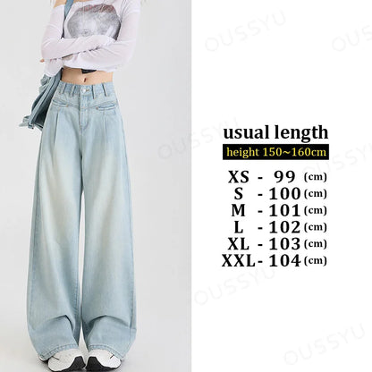 Woman Jeans High Waist Wide Leg Cotton Denim Clothing Design Sense Straight Pant Fashion Comfort White Retro Blue Casual Trouser