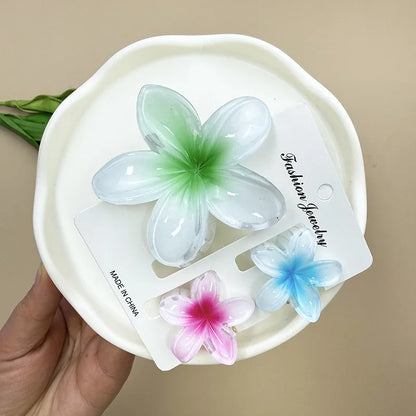 3Pcs Sweet Colorful Plumeria Flower Shark Clip Hair Claw Bohemian Ponytail Clip Plastic Hairpin Barrette Summer Hair Accessories