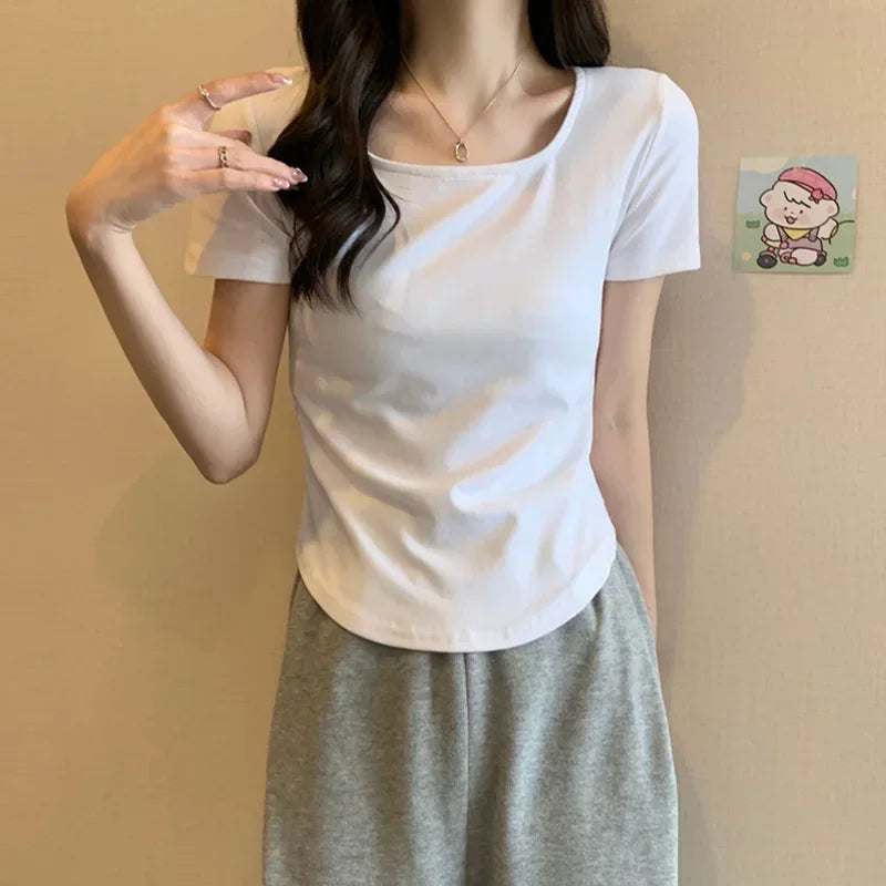 2025 Summer New Korean Style Short Sleeve Women's T-shirt Slimming U-neck Top Direct From Manufacturer Slimming Design Women's