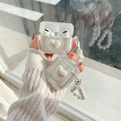 Simple Laser Pearl Heart Earphone Case for AirPods 2 Pro 3 Generation Headset Charging Box Protect Cover for Air Pods Keychain