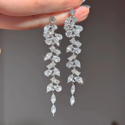Sliver Maple Leaf Zircon Tassel Long Earrings For Women Shiny Rhinestone Wedding Drop Earrings Party Jewelry Gifts 2025 New
