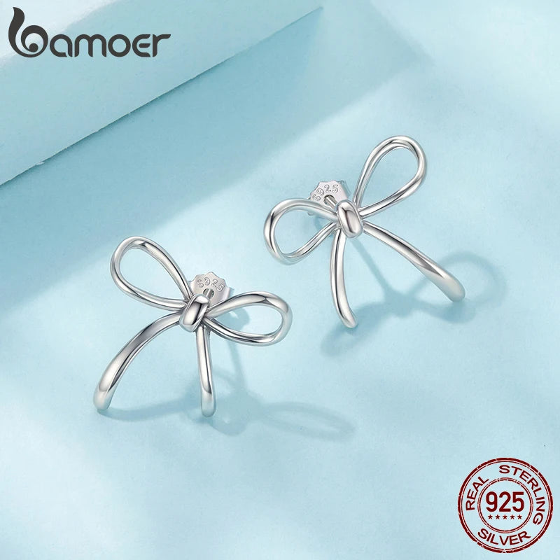 BAMOER Solid 925 Sterling Silver Bow Stud Earrings for Women Hypoallergenic Daily Party Gift Trendy Silver Jewelry SCE1924