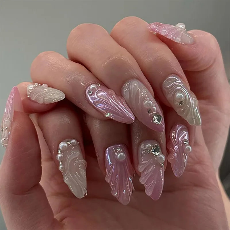 24Pcs Pink Almond False Nails Sweet Summer Fake Nail Cute Flowers Pearl Nails Press Ons Colorful Monet Press on Nails for Girls