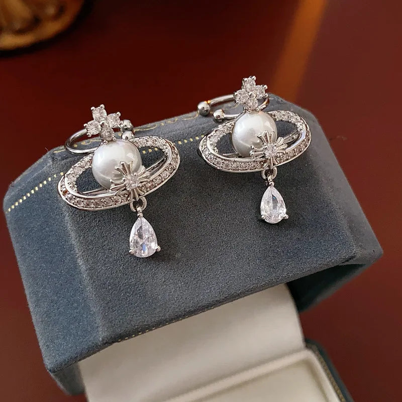 Zircon Water Drop Pearl Earring for Women French Retro No Ear Hole Clip Earrings Light Luxury Wedding Bride Jewelry