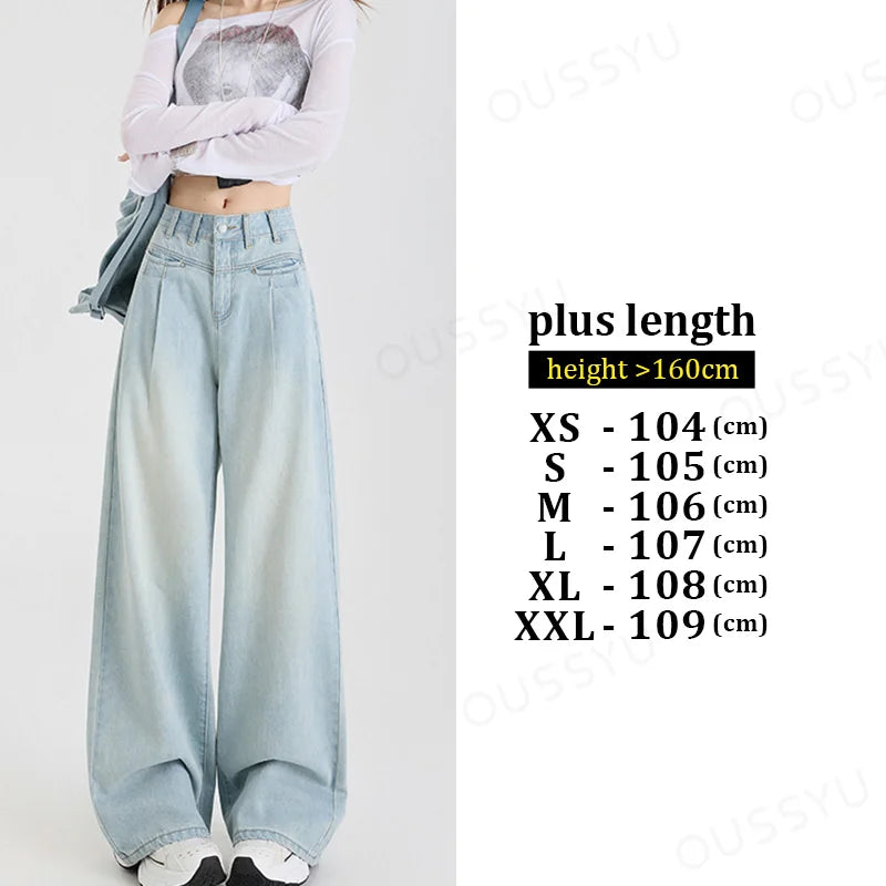 Woman Jeans High Waist Wide Leg Cotton Denim Clothing Design Sense Straight Pant Fashion Comfort White Retro Blue Casual Trouser