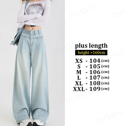 Woman Jeans High Waist Wide Leg Cotton Denim Clothing Design Sense Straight Pant Fashion Comfort White Retro Blue Casual Trouser