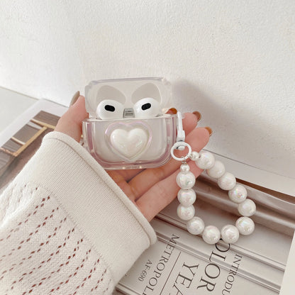Simple Laser Pearl Heart Earphone Case for AirPods 2 Pro 3 Generation Headset Charging Box Protect Cover for Air Pods Keychain