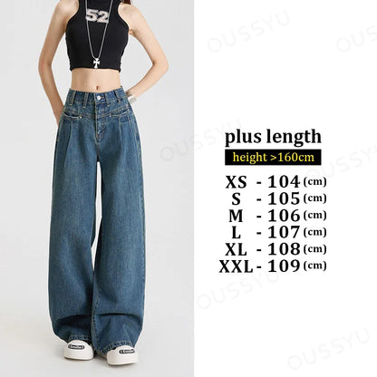 Woman Jeans High Waist Wide Leg Cotton Denim Clothing Design Sense Straight Pant Fashion Comfort White Retro Blue Casual Trouser