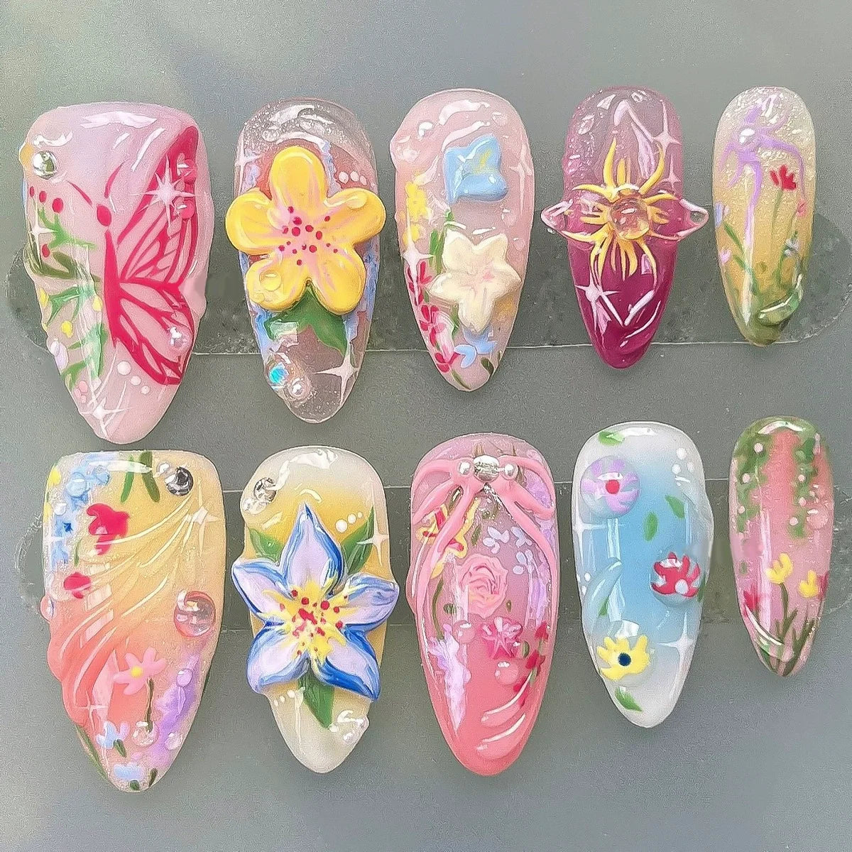24Pcs Pink Almond False Nails Sweet Summer Fake Nail Cute Flowers Pearl Nails Press Ons Colorful Monet Press on Nails for Girls