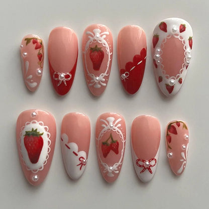 24Pcs Pink Almond False Nails Sweet Summer Fake Nail Cute Flowers Pearl Nails Press Ons Colorful Monet Press on Nails for Girls