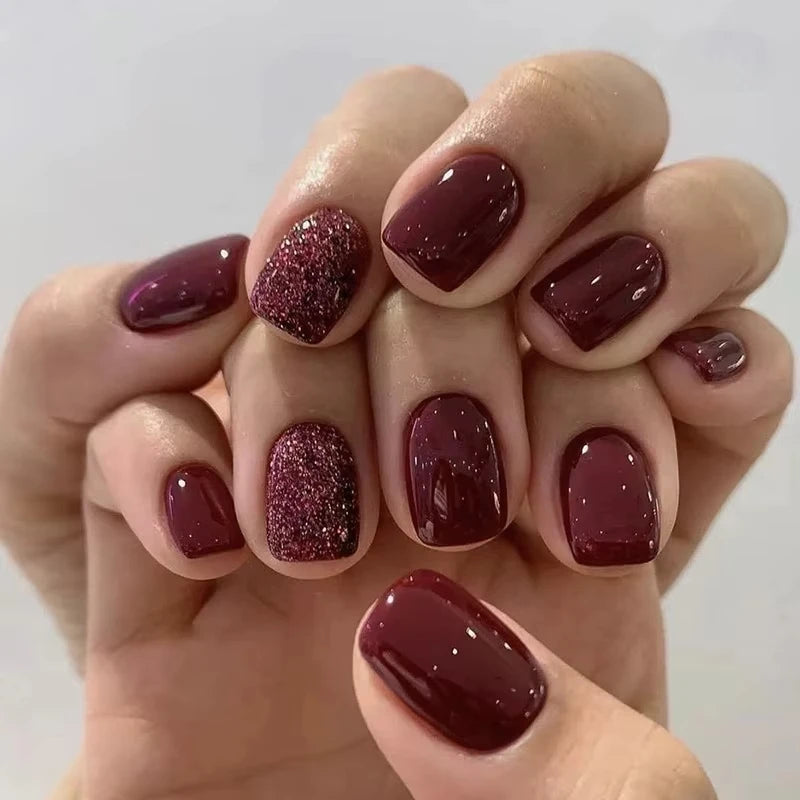 24pcs Burgundy Almond Press on Nail Water Drop Solid Color False Nails Cat Eye Various style Detachable and Wearable Nail Art