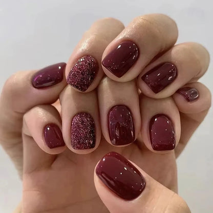 24pcs Burgundy Almond Press on Nail Water Drop Solid Color False Nails Cat Eye Various style Detachable and Wearable Nail Art