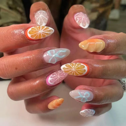 24Pcs Pink Almond False Nails Sweet Summer Fake Nail Cute Flowers Pearl Nails Press Ons Colorful Monet Press on Nails for Girls
