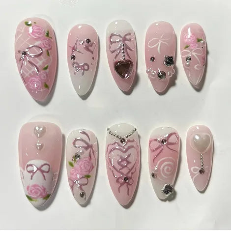 24Pcs Pink Almond False Nails Sweet Summer Fake Nail Cute Flowers Pearl Nails Press Ons Colorful Monet Press on Nails for Girls