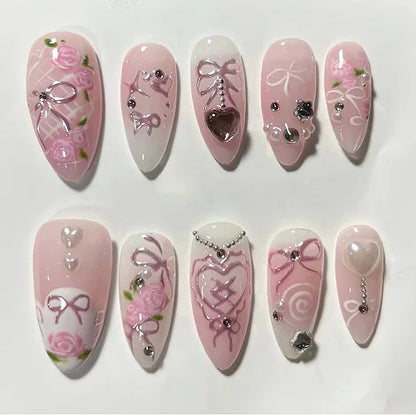 24Pcs Pink Almond False Nails Sweet Summer Fake Nail Cute Flowers Pearl Nails Press Ons Colorful Monet Press on Nails for Girls